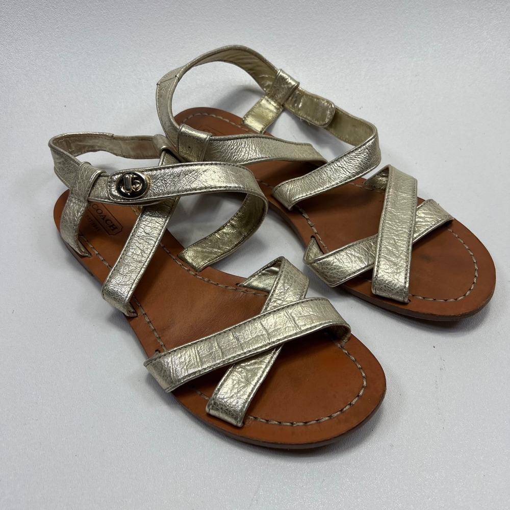 Coach Gold Metallic Leather Turnlock Strappy Gladiator Flat Sandals Womens 9B